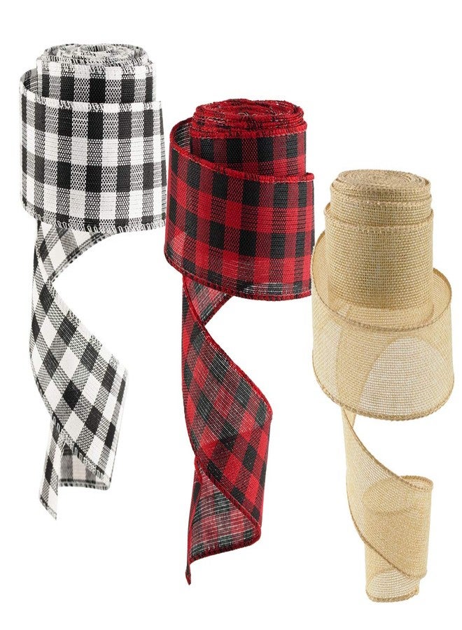 CHICHIC Christmas Ribbon Buffalo Plaid Ribbon Burlap Ribbon Christmas Tree Ribbon Wired for Fall Holiday Garland Gift Wrapping Red Black White Buffalo Check Wired Ribbon, 3 Rolls, 3 x 10 Yards, 2 Inch - Image 2